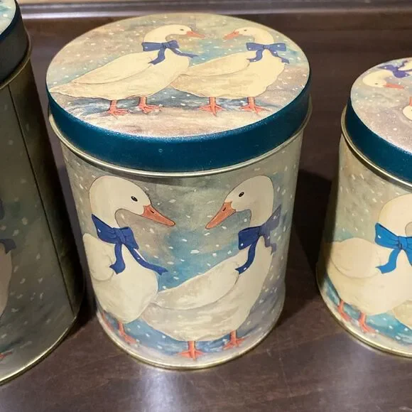 Vintage Nesting Blue Ribbon Duck Geese Metal Tin Canisters Set of 3 - Picture 3 of 10